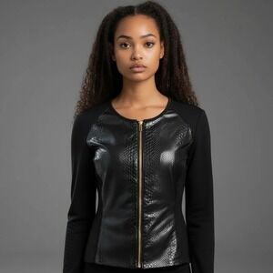 Cache Y2K Black Faux Snakeskin Zip Front Goth Edgy Moto Shirt Women's Top Size S